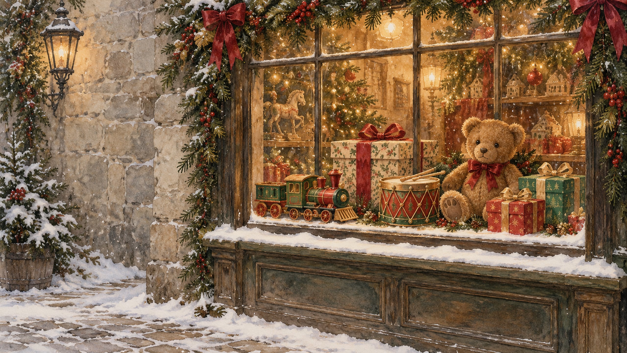 Old-fashioned Christmas toy shop window displaying a teddy bear, wooden train, toy drum and ribbon-wrapped gifts.
