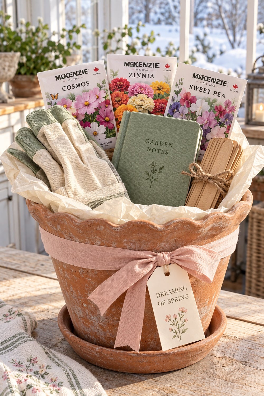winter-gardeners-christmas-gift-basket.jpg Terracotta gardener's gift planter with McKenzie flower seeds, gloves, plant markers, and a garden notebook.