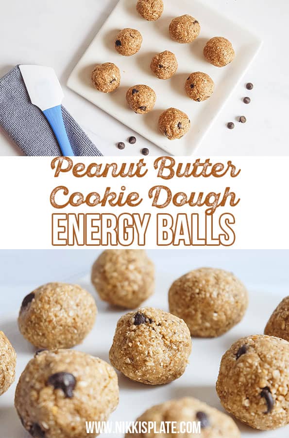 Peanut Butter Cookie Dough Energy Balls; easy and quick no bake snack. Packed with energy filled protein with sweet dessert taste. Gluten free, dairy free and refined sugar free! #energyballs #nobake