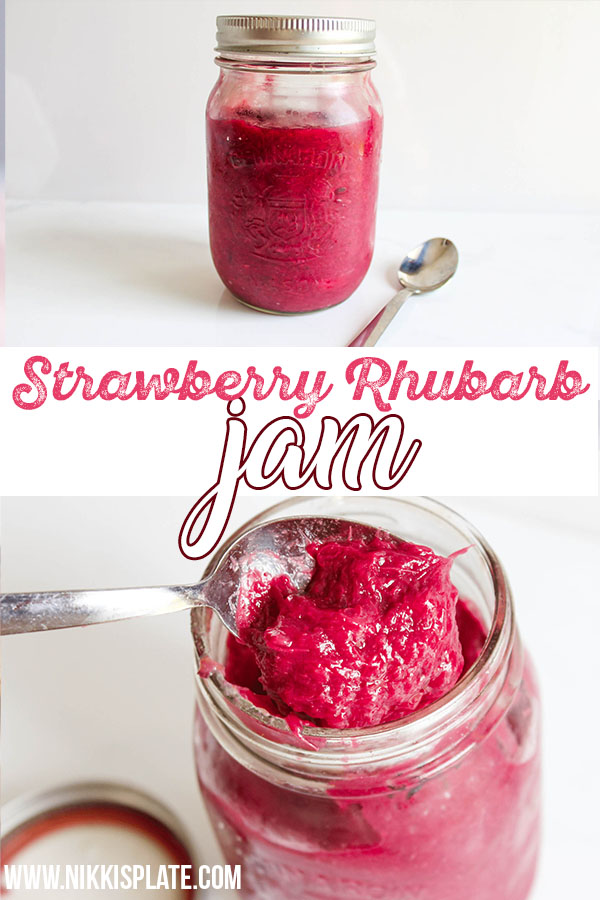 Healthy Strawberry Rhubarb Jam - mason jar of red rhubarb and strawberry jam. Chia seeds added for thickness. || Nikki's Plate