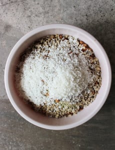 Energy bar ingredients in a bowl, topped with coconut