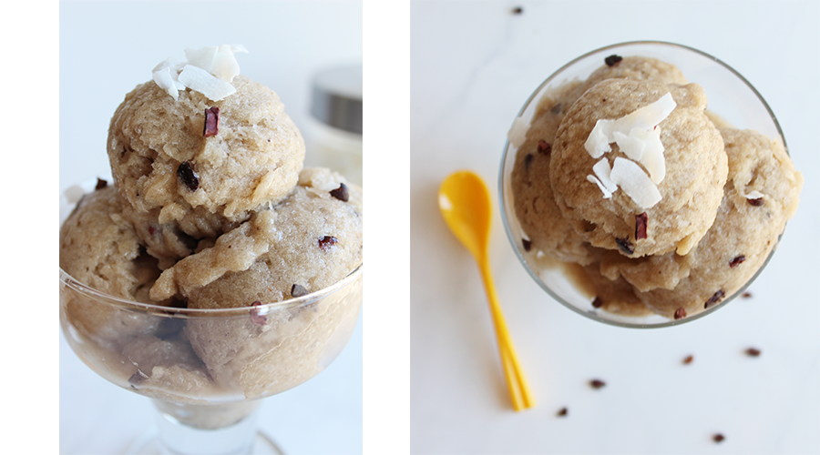 Two photos of vegan peanut butter chocolate chip ice cream -  dairy free, gluten free, easy to make, bursting with natural flavours and so delicious!