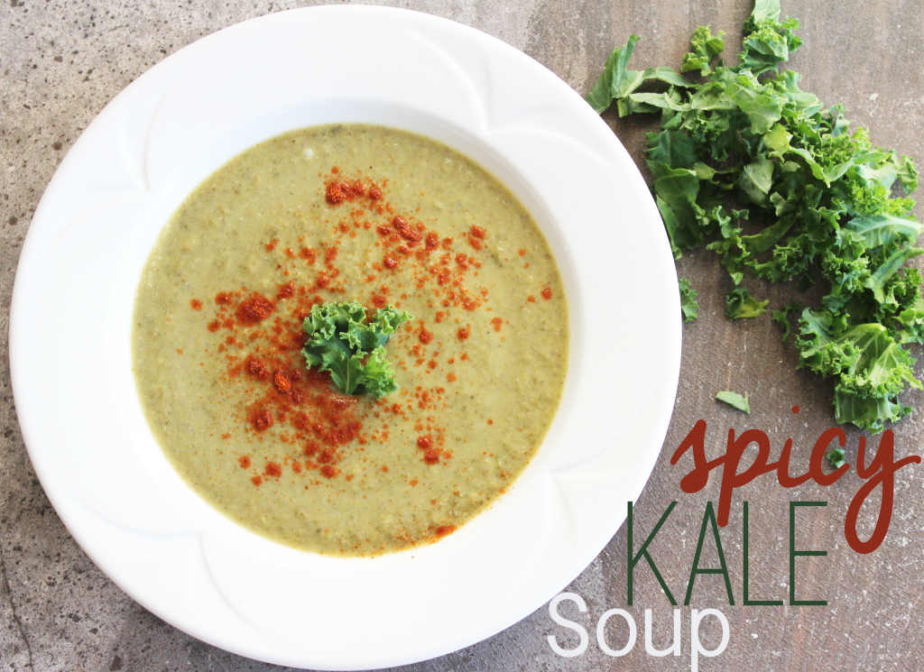 Round bowl of spicy kale soup recipe with fresh kale and cayenne pepper. Green leafy kale chopped.Base of potato and vegetable broth. Vegan, dairy free and gluten free. || Nikki's Plate