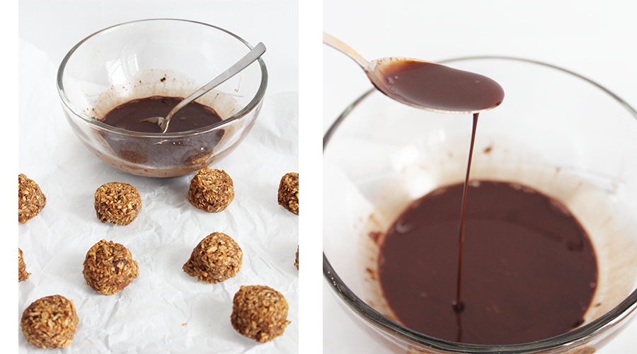 how to chocolate drizzle on coffee bean snack-a-roons. vegan and gluten free no bake snack