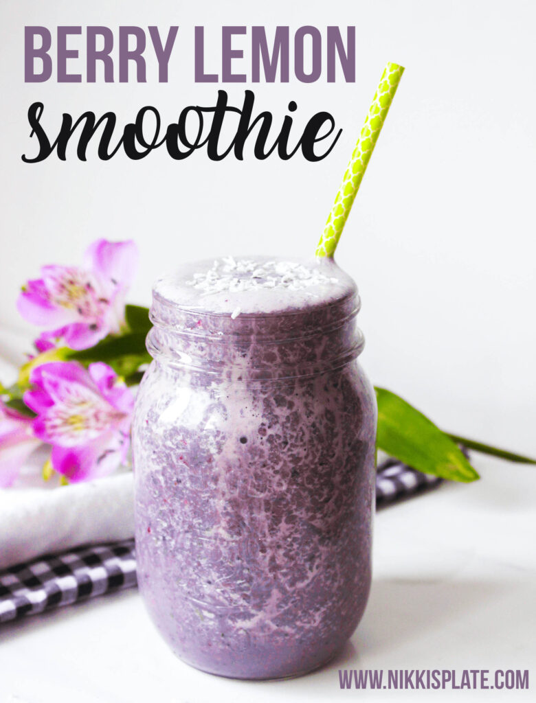 Berry Lemon Smoothie; Light and delicious, vegan and gluten free, packed with healthy raspberries, blueberries, spinach, protein powder, with a hit of citrus lemon. This will get your taste buds going in the morning!