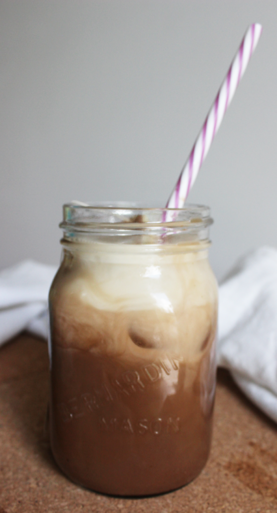Mason jar of Maple Iced Coffee with creamer; a healthy dairy free and refined sugar free cold morning breakfast beverage! {Vegan & Gluten Free}