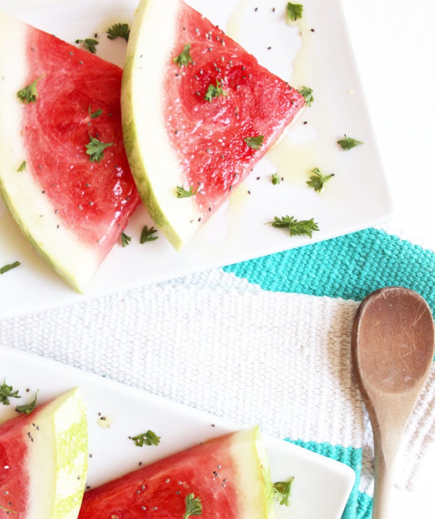 This sweet cilantro watermelon is bursting with unique flavours on our summer favourite fruit! Enjoy this healthy snack any time! {Gluten Free & Vegan}