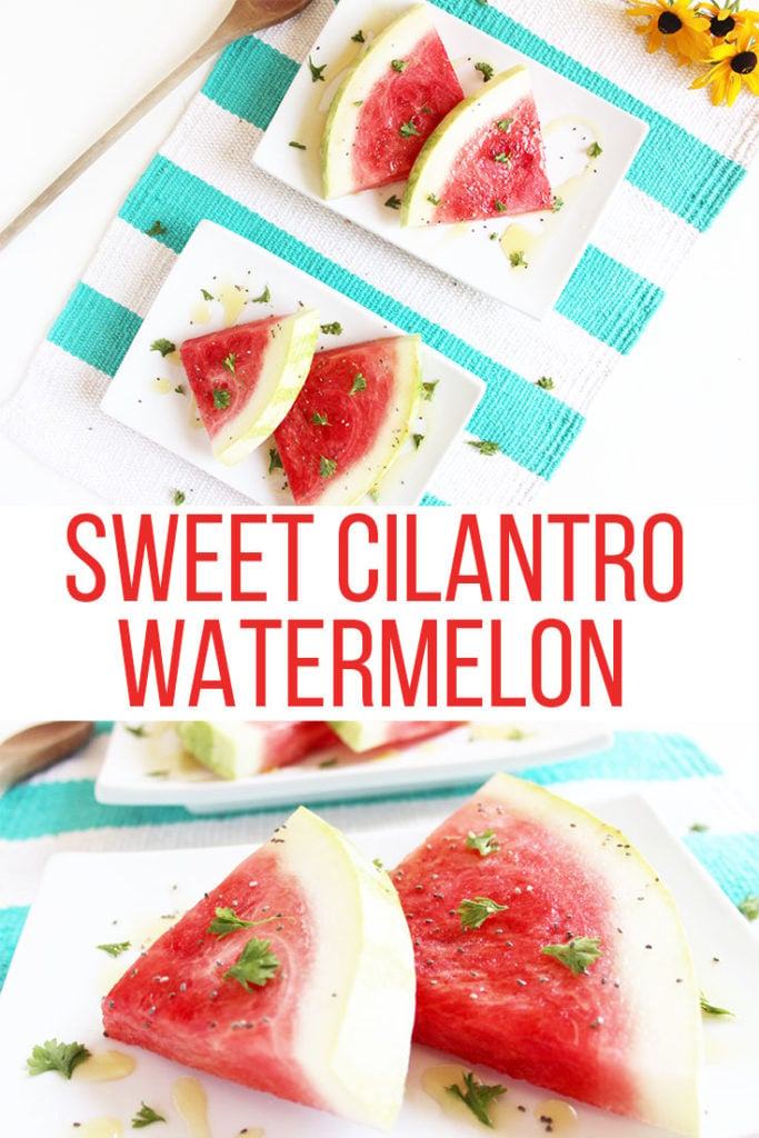 This sweet cilantro watermelon is bursting with unique flavours on our summer favourite fruit! Enjoy this healthy snack any time! {Gluten Free & Vegan} || Nikki's Plate