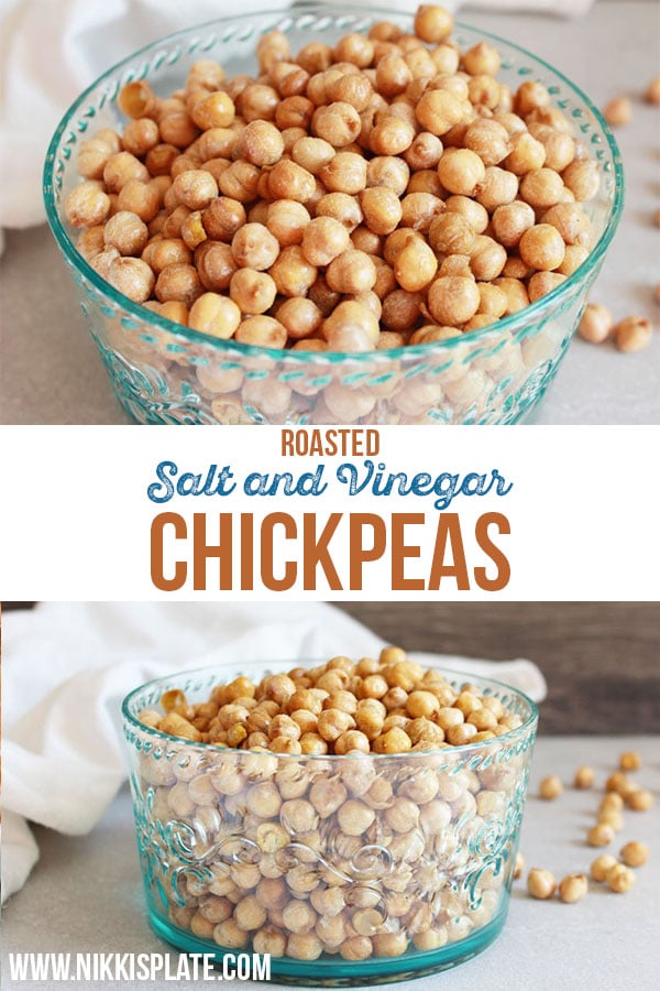 These roasted salt and vinegar chickpeas are packed with protein and a vinegary bite. Replace your chips or crackers for a healthier gluten free option! {Vegan & GF} || Nikki's Plate