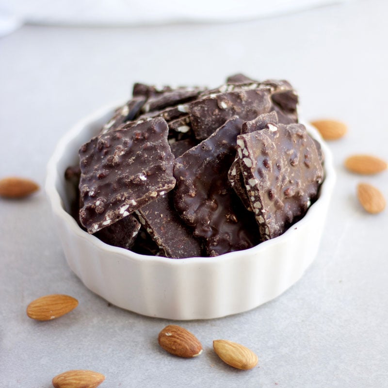 Vegan and Gluten Free - Salted Almond Dark Chocolate Bark - www.nikkisplate.com