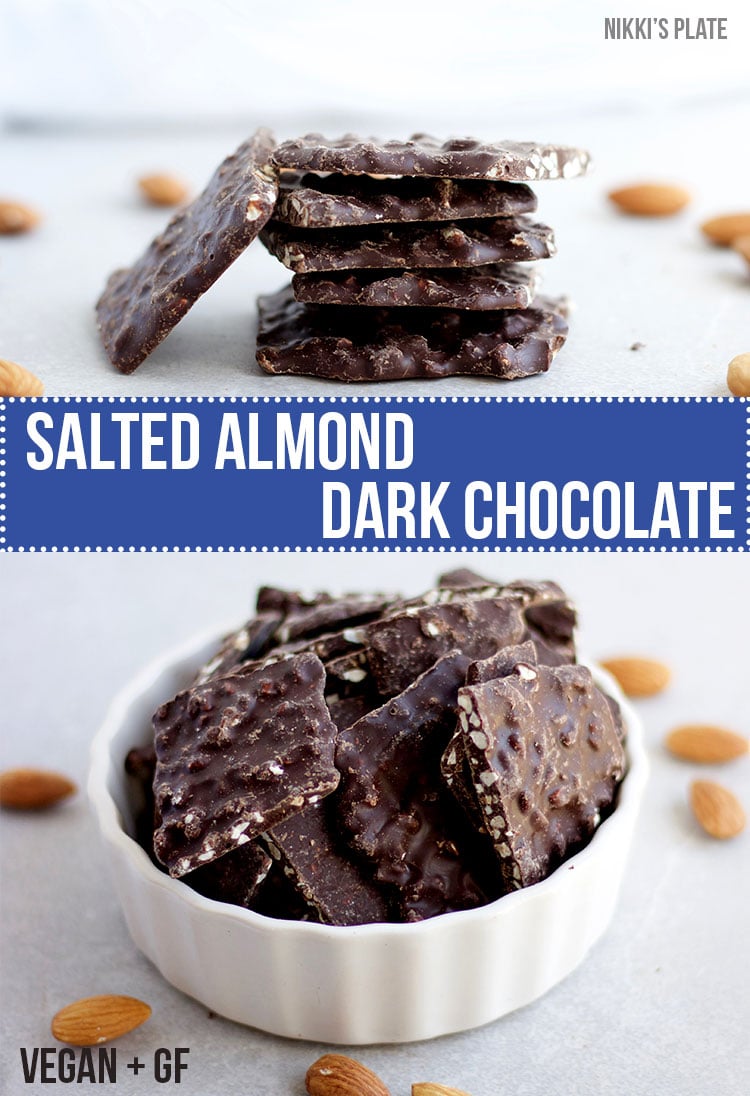Salted Almond Dark Chocolate Bark; This guilt free salted almond and dark chocolate bark is the perfect dessert after dinner. Completely gluten free, dairy free and vegan! || Nikki's Plate