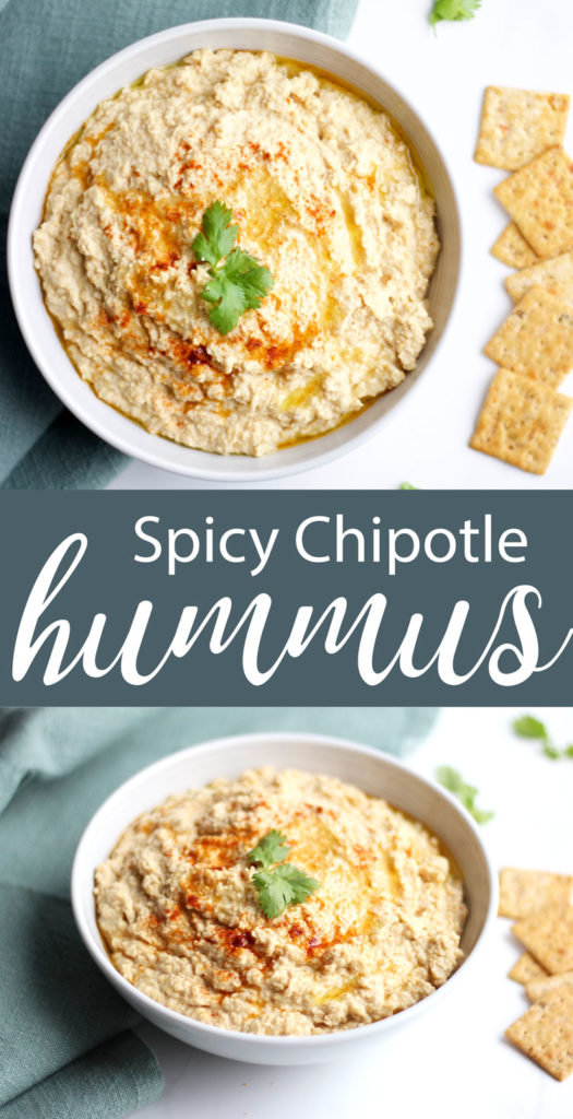 Spicy Chipotle Hummus; creamy chickpea hummus packing lots of heat! Easy dip recipe for any season! Enjoy this protein packed snack with crackers or veggies! Such a great appetizer or snack!