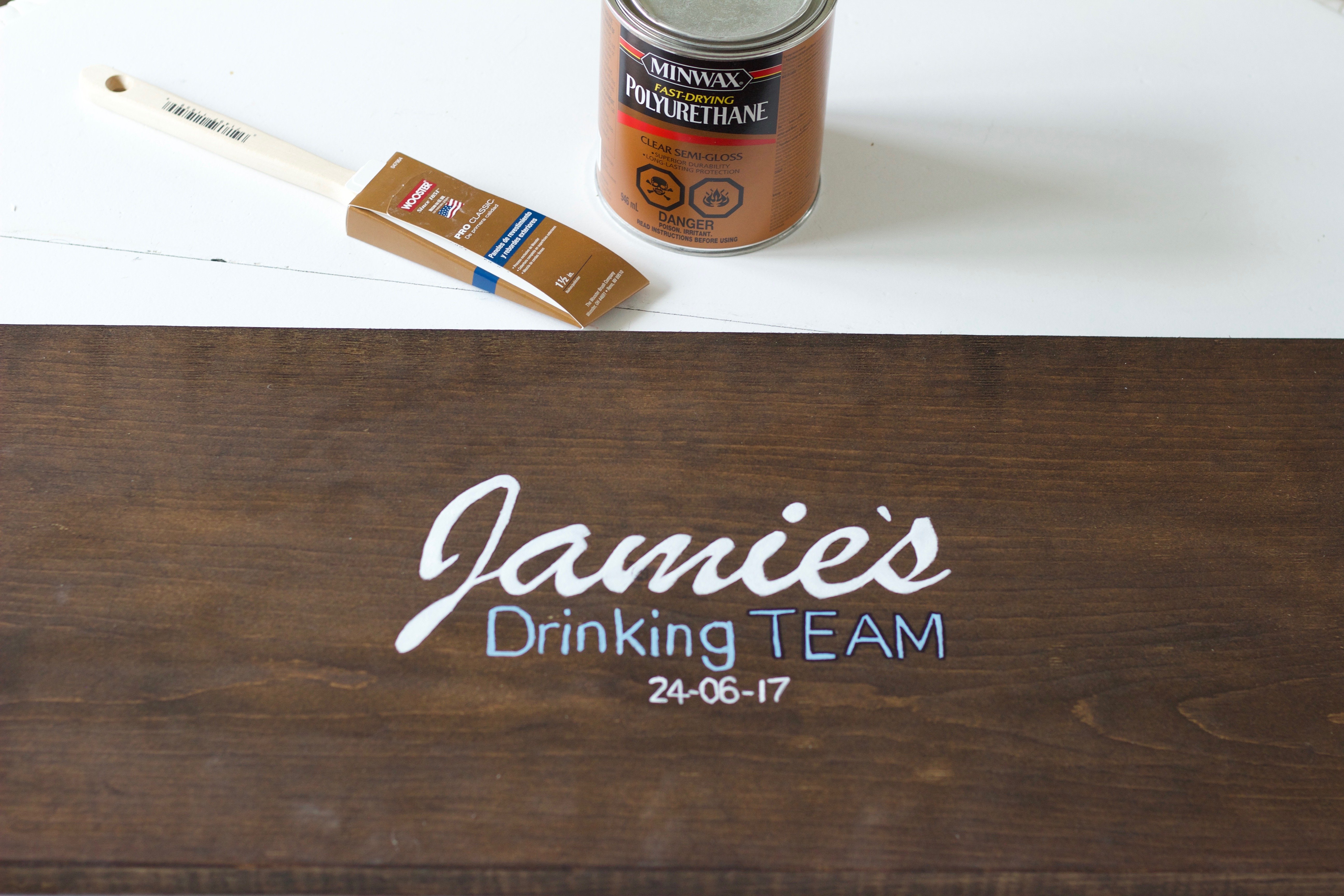 DIY Personalized "Bride's Drinking Team" Sign! Get everyone to sign it at the bachelorette party and then give it to her as a keep sake! - www.nikkisplate.com