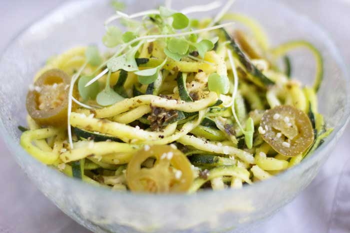 This jalapeno pesto gives the zucchini noodles a kick of heat and flavor that's too delicious!