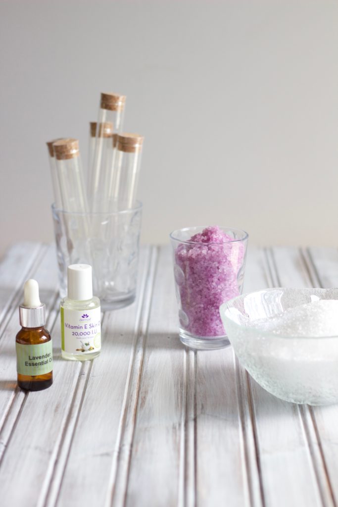 To make these DIY lavender epsom salts, you'll need epsom salt, lavender essential oil, and a container to package the salts in.