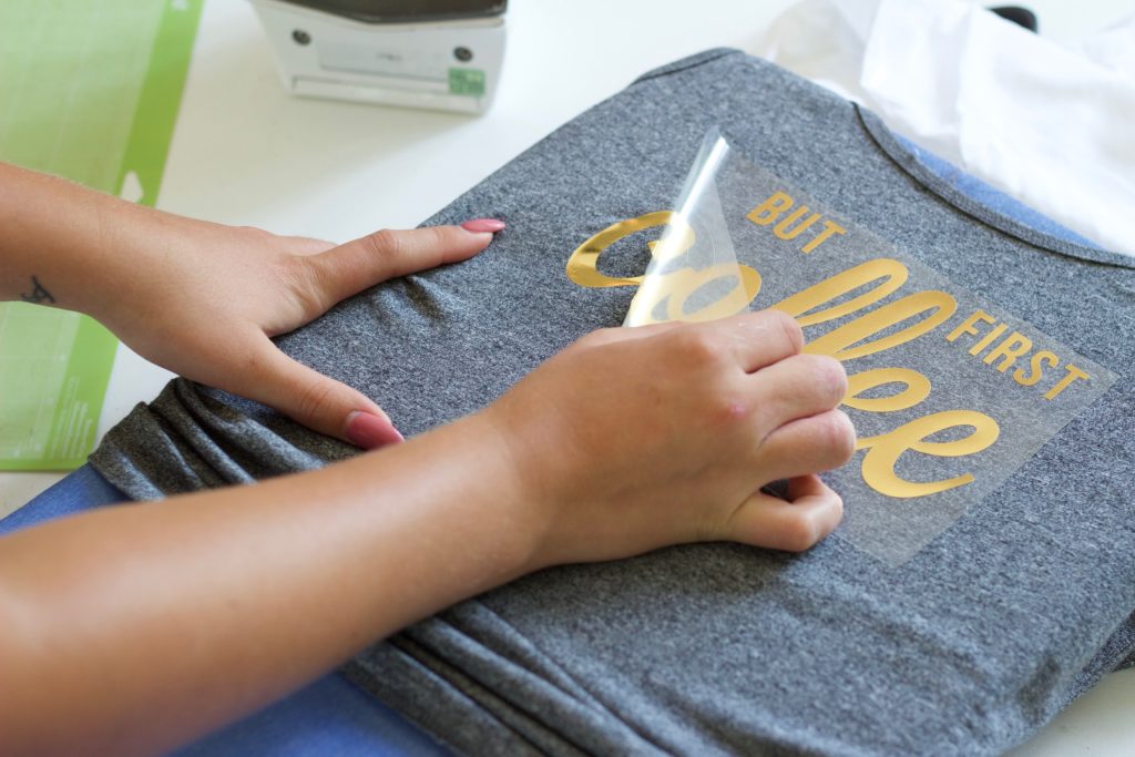 Easy Iron On Decal Tank Top Using Cricut Machine and Foil Vinyl- BUT FIRST COFFEE