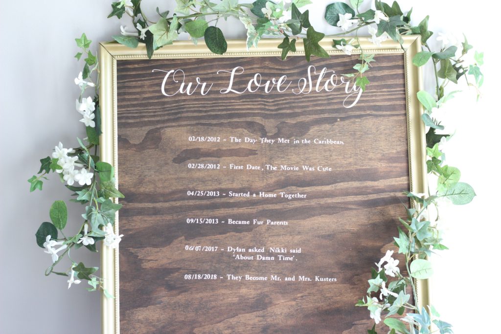 The finished Our Love Story board I made for our wedding shower