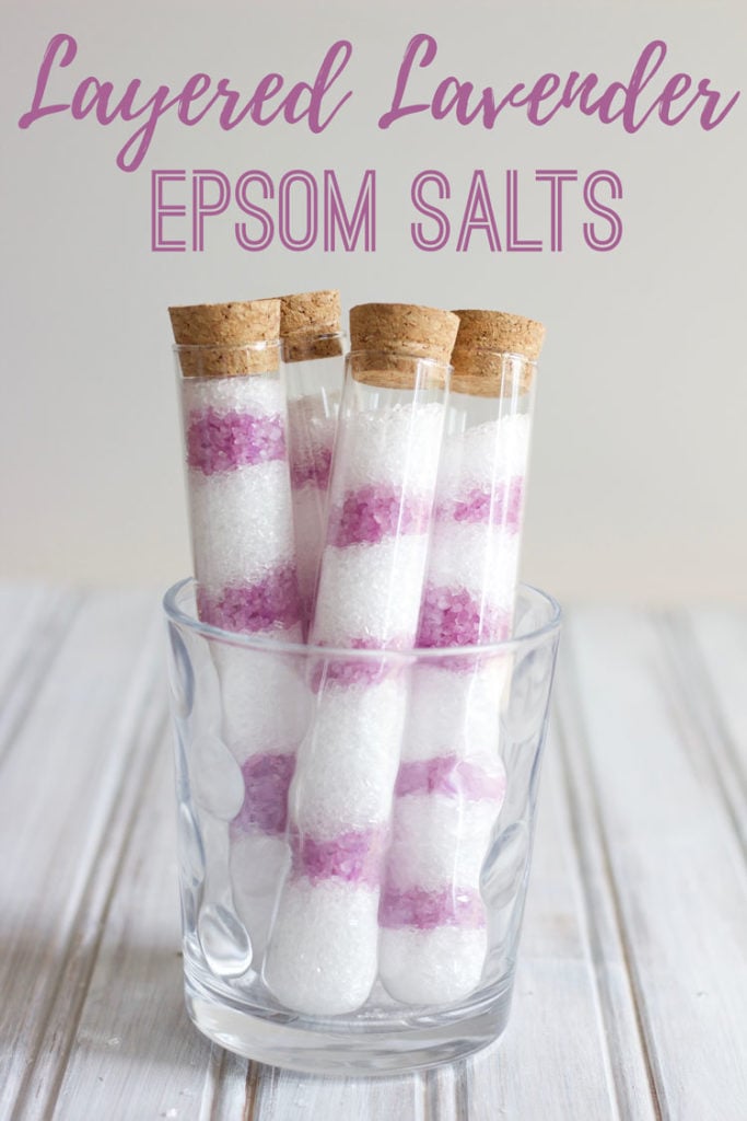 How to make homemade lavender epsom salts. These layered bath salts are infused with lavender oil and vitamin E.