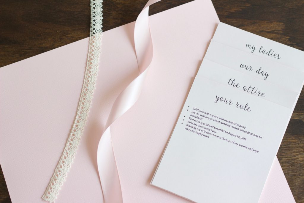 For these bridesmaid proposal cards, you need card stock, ribbon, tape, and your printed info cards