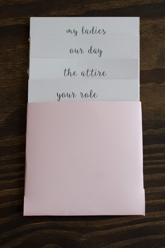 The bridesmaid proposal info card folder from the front should show the titles of each card