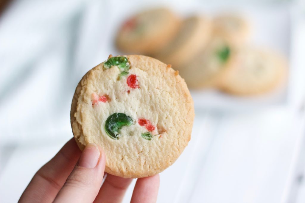 These festive gluten-free shortbread cookies have colorful pops of red and green from candied fruit