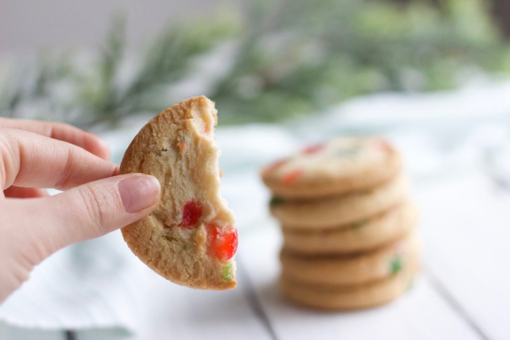 Green and red candied cherries give these gluten-free shortbread cookies and extra pop of festive color