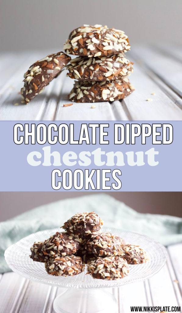 These chocolate dipped chestnut cookies are soft, chewy and delicious. A healthy baking twist on a traditional holiday Christmas treat! || Nikki's Plate