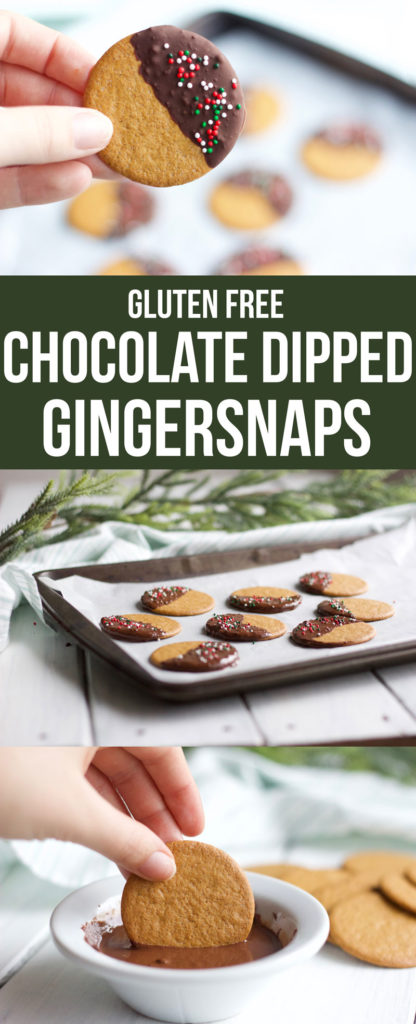 Gluten Free Chocolate Dipped Gingersnaps || Round gluten free and dairy free gingersnap cookies dunked in dark chocolate with red and green sprinkles. - Healthy twist to delicious Christmas baking treat. Perfect cookie dessert for everyone! || Nikki's Plate by Nikki Bahan