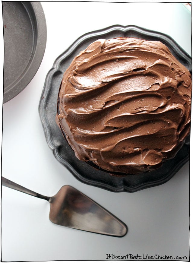 This vegan chocolate cake is as rich, moist, and decadent as the full-dairy version. This chocolate icing is a true guilty pleasure!