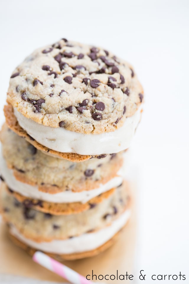 Creamy vegan vanilla ice cream sandwiched between fresh baked vegan chocolate chip cookies