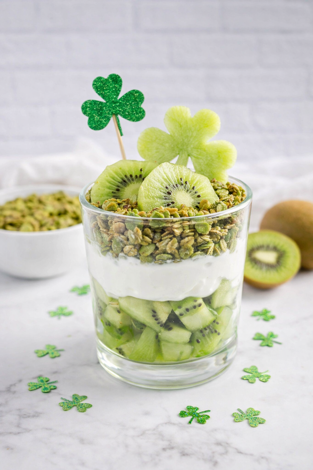 Healthy St Patrick's Day breakfast parfait layered with yogurt, kiwi, and green granola