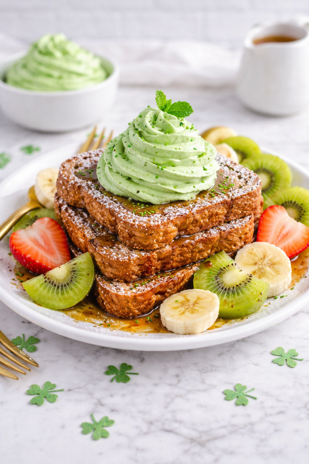 Healthy St Patrick's Day French toast topped with green matcha whipped cream and fresh fruit
