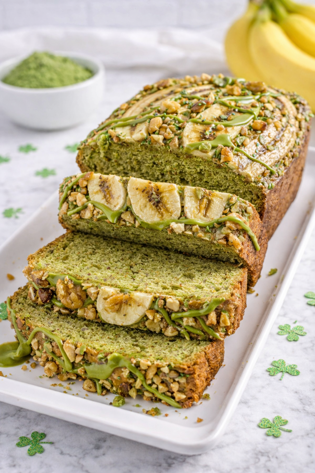 Healthy St Patrick's Day matcha banana bread sliced and topped with banana and nuts