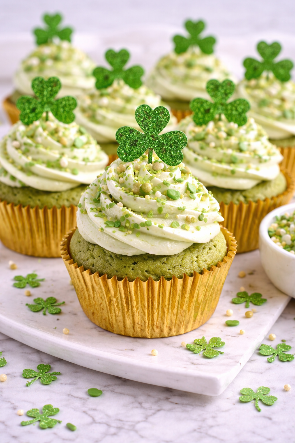 Healthy St Patrick's Day matcha cupcakes with light green frosting and shamrock toppers