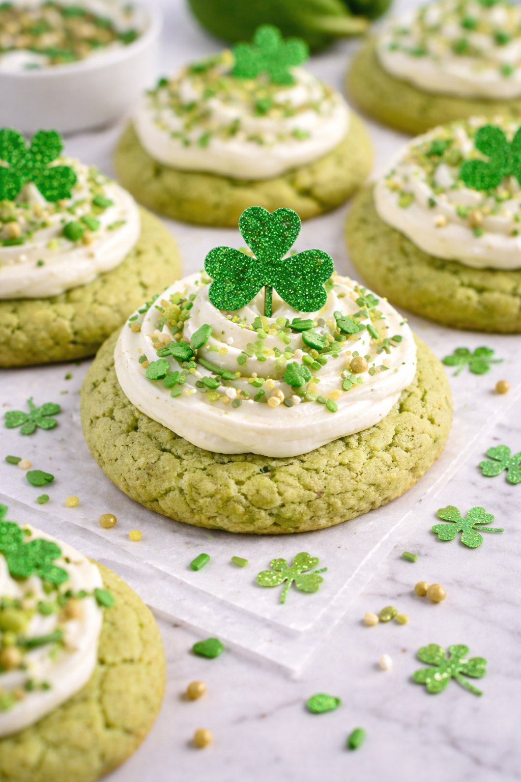 Healthy St Patrick's Day green matcha cookies topped with light frosting and shamrock sprinkles