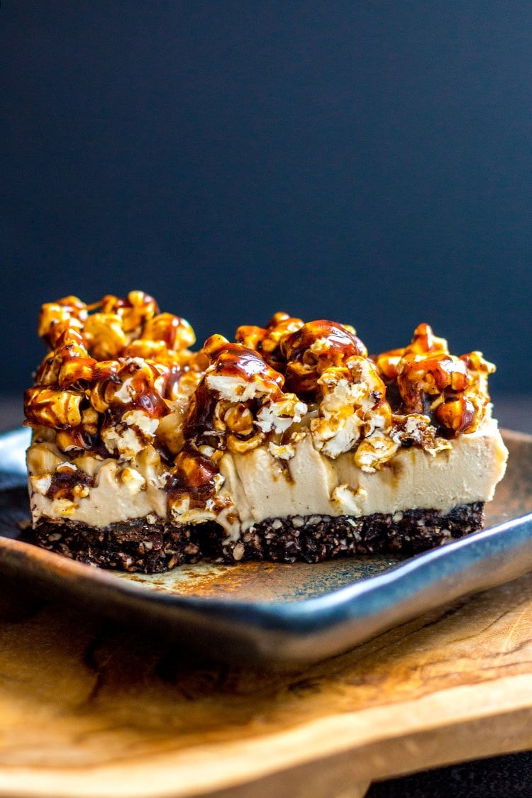 Diary-free coffee cheesecake topped with a sweet, crunchy salted caramel popcorn.