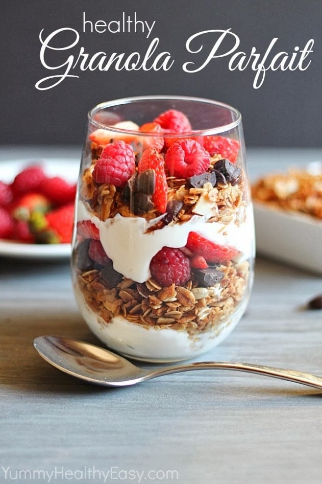 Create this delicious granola parfait with cream yogurt, crispy granola, and fruit of your choice. Add in some chocolate for extra sweetness!