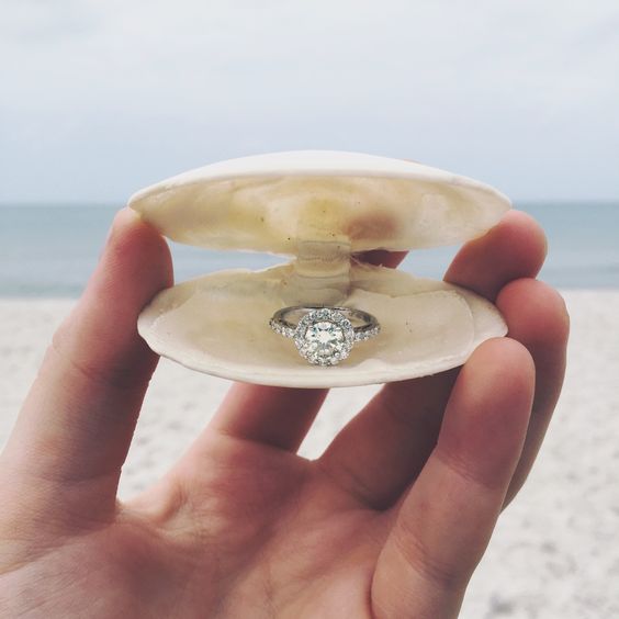 A hidden diamond ring in a clam shell is a romantic and surprising way to propose to the love of your life