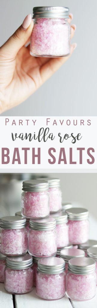 Bath Salts Party Favours; an easy and affordable bath salts party favour that your guests will love! Choose colours to match your decor and scents to suit your celebration. Bridal shower, baby shower, Christmas and more!