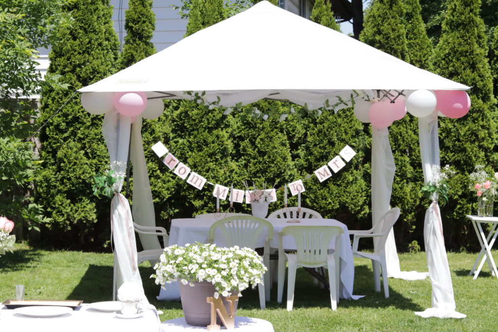 My outdoor bridal shower set up was blush pink, gold, and white themed
