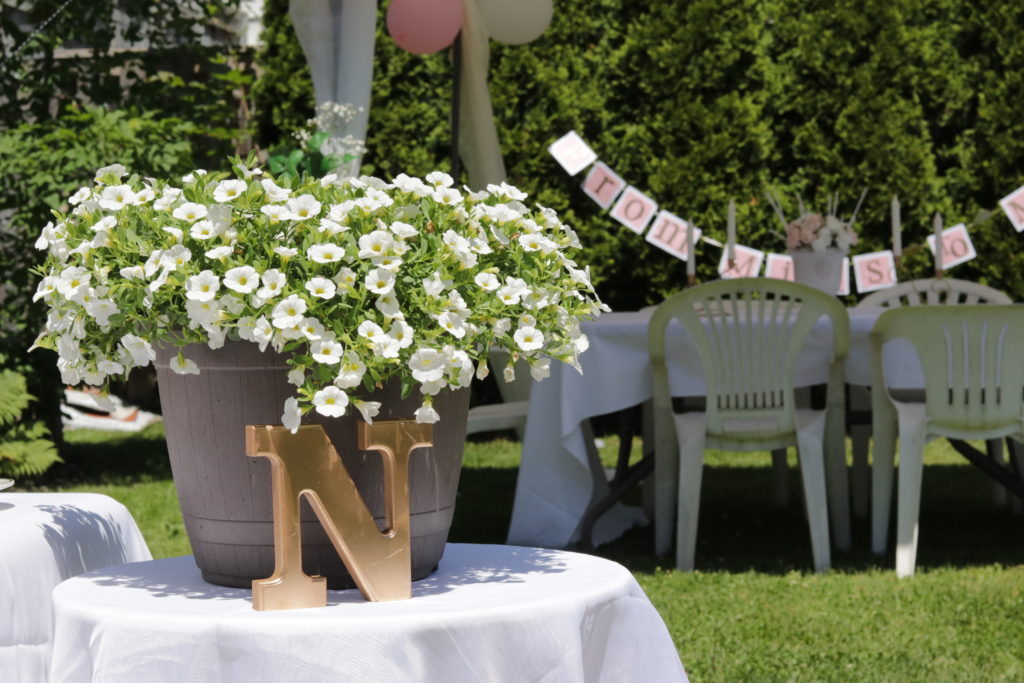 Beautiful white flowers were placed throughout the yard at my outdoor bridal shower