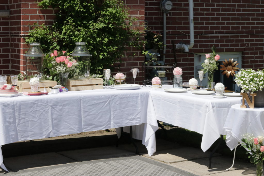 We set up tables for the food buffet at my outdoor bridal shower