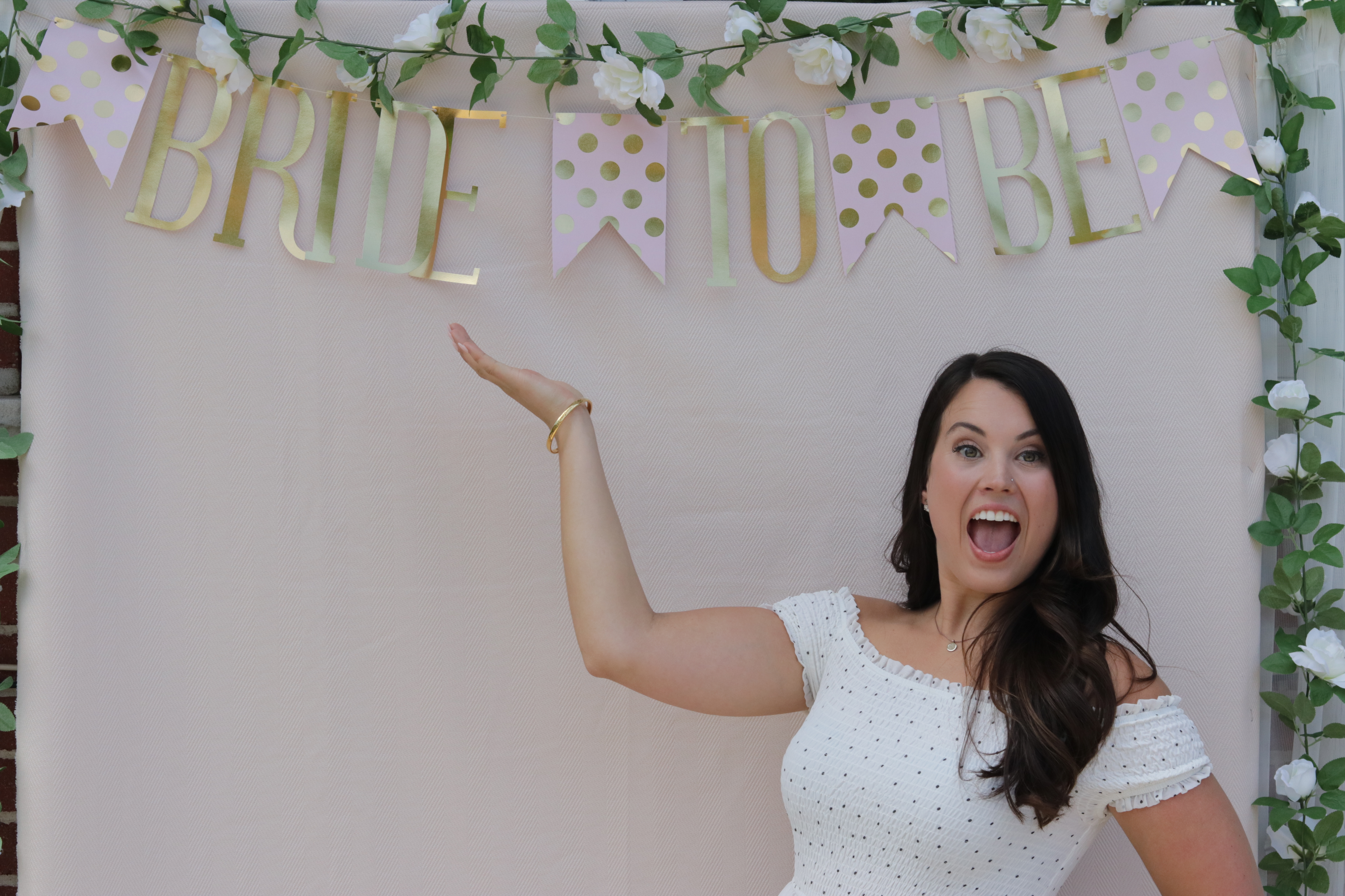 My Outdoor Bridal Shower; Pink, blush, gold and white. Games and greenery! Photo Booth backdrop display. Cookies, appetizers and special blush sangria. Decorating a small tent. Wedding, engagement, bride. 