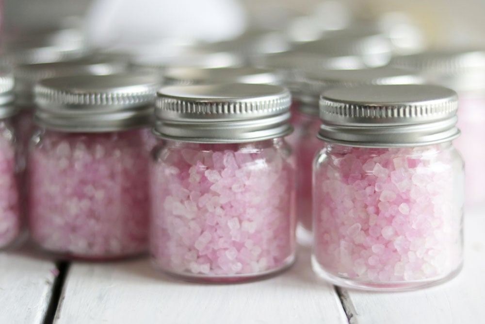 Bath Salts Party Favours; an easy and affordable bath salts party favour that your guests will love! Choose colours to match your decor and scents to suit your celebration. Bridal shower, baby shower, Christmas and more!