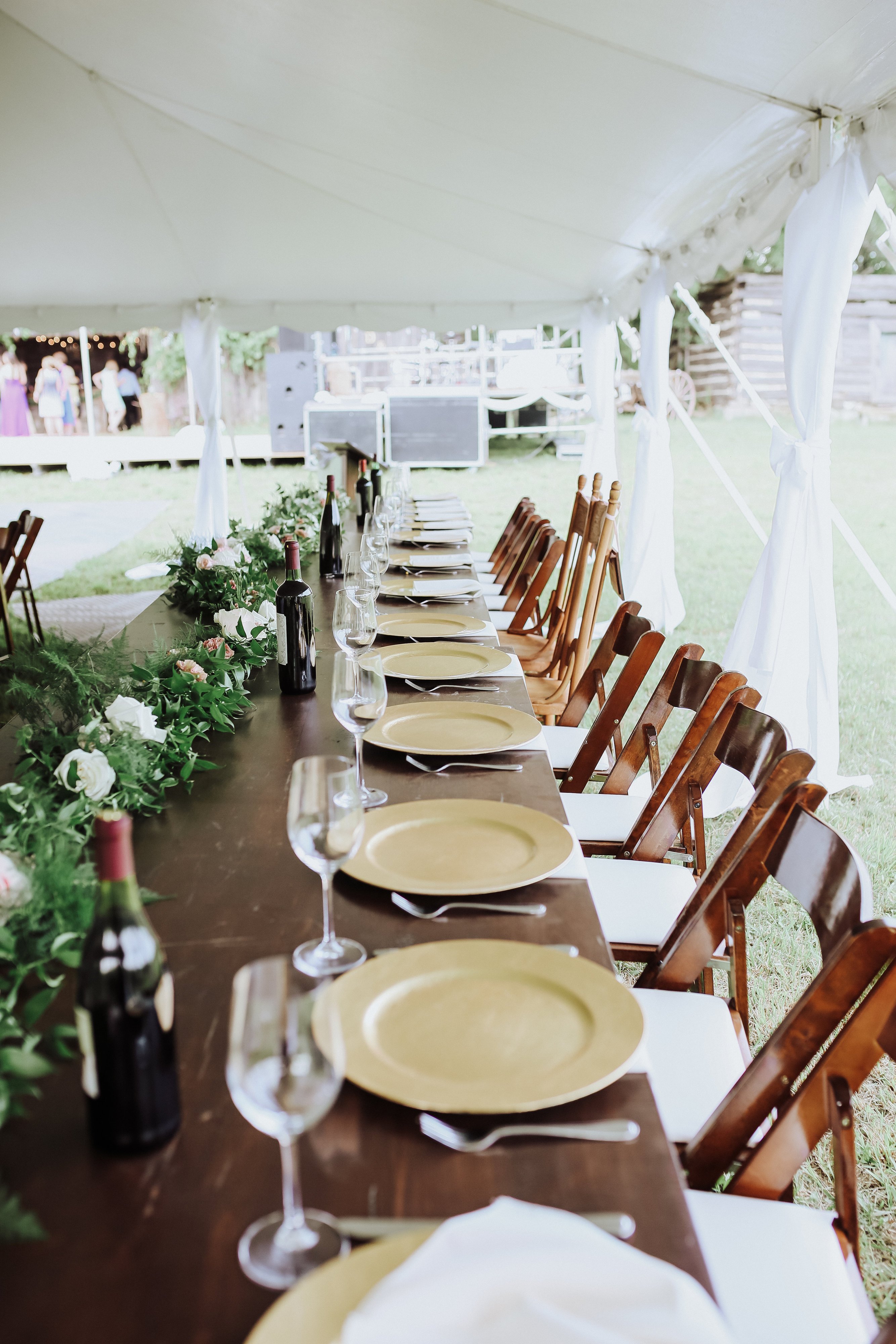 My Wedding Decor; Our outdoor wedding decor, greenery, ivory and blush florals, gold accents, rustic woods and a large barn! Rustic chic wedding reception outside! - www.nikkisplate.com