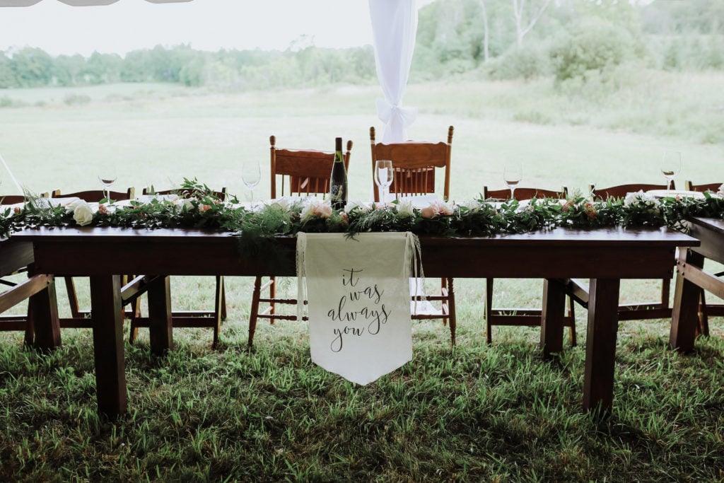 My Wedding Decor; Our outdoor wedding decor, greenery, ivory and blush florals, gold accents, rustic woods and a large barn! Rustic chic wedding reception outside! - www.nikkisplate.com