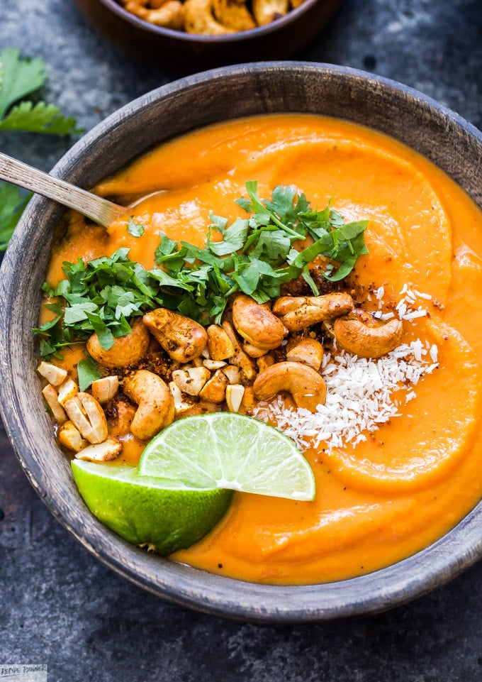 15 Creamy Vegan Soup Recipes; Vegan Thai carrot and sweet potato soup is a little sweet and spicy
