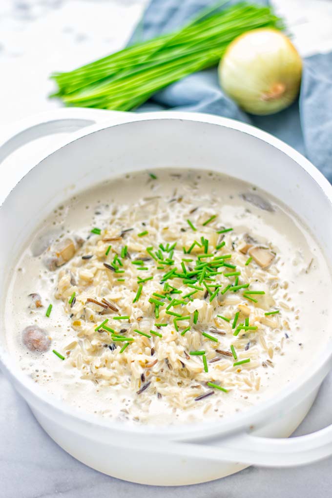 15 Creamy Vegan Soup Recipes; Vegan wild rice and mushroom soup is creamy and delicious