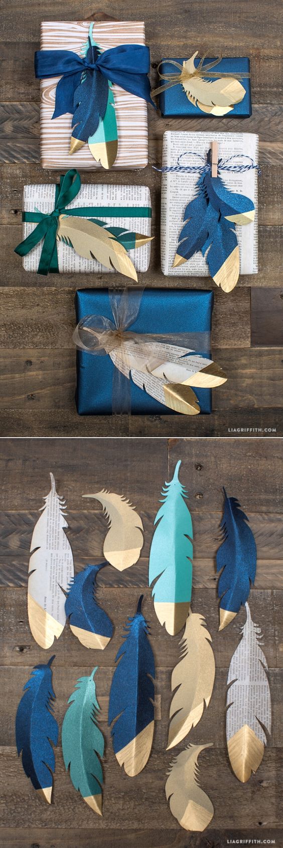 This gift wrap is perfect for any season, with colorful gold-tipped paper feathers and ribbon