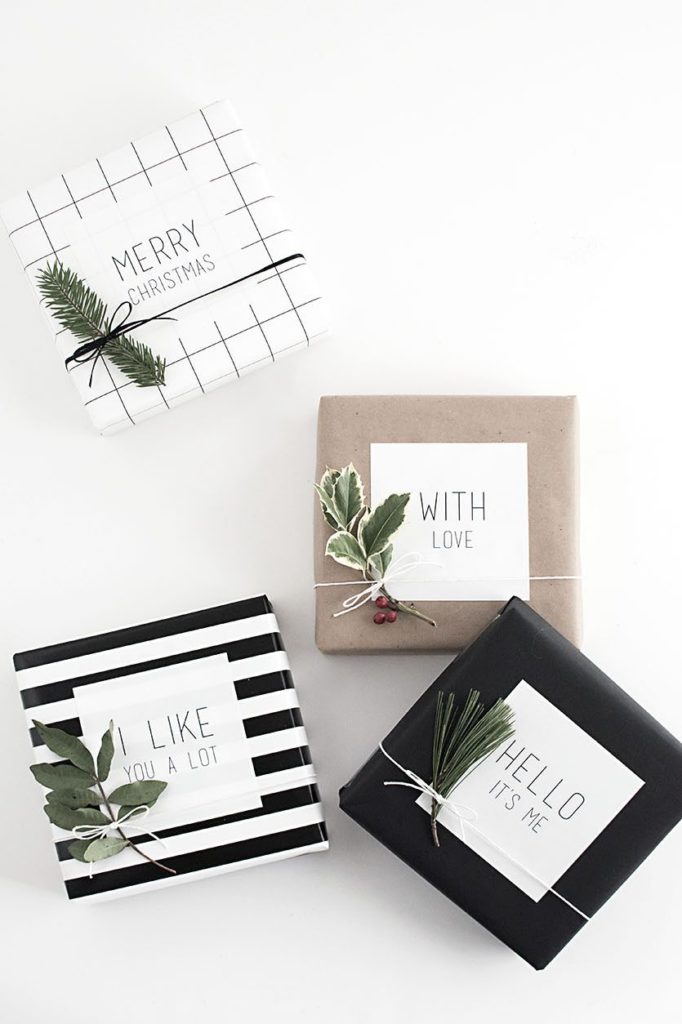 This pretty gift wrapping is simple black and white, but with some green pops of color. I love the simple stripes and checkers